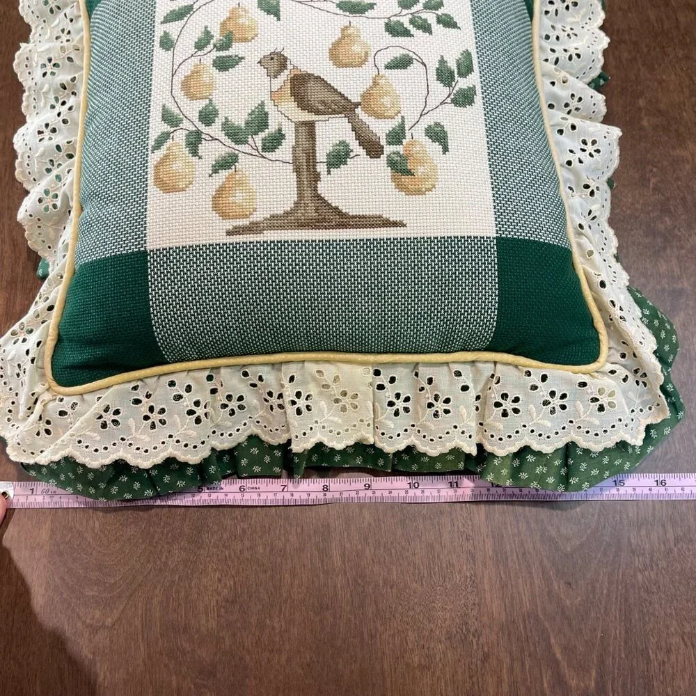 Vintage Needlepoint Pillow Partridge in a Pear‎ Tree Cross Stitch Throw Cushion